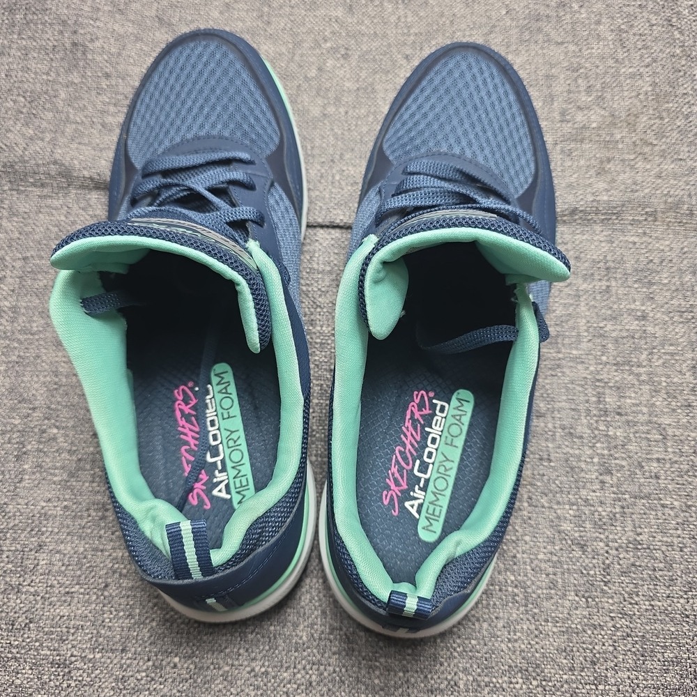 Skechers Lite-Weight Sneakers Women 10 Navy Blue Mint Green Mesh Athletic Shoes - Picture 5 of 7